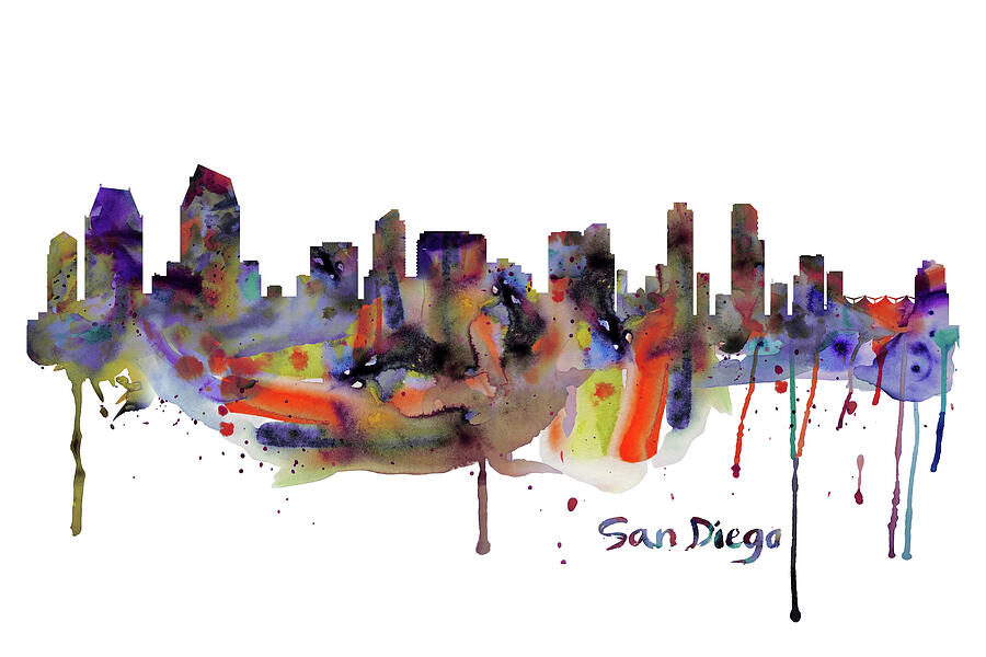 San Diego Watercolor Skyline Painting by Marian Voicu