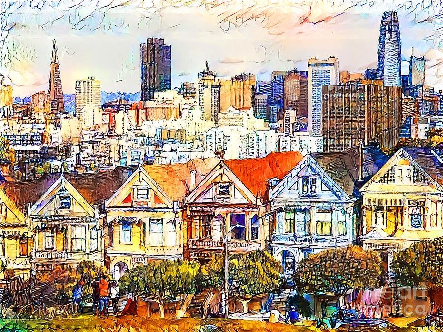 San Francisco Alamo Square Painted Ladies in Vibrant Watercolor Sketch Style 20200807 Photograph by Wingsdomain Art and Photography