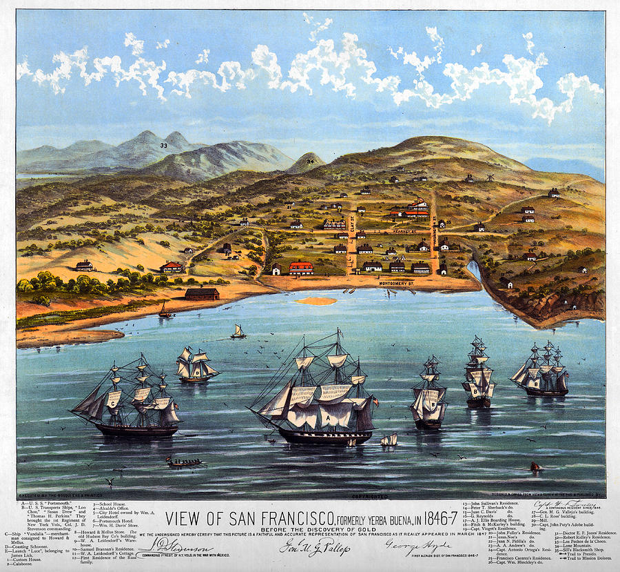 San Francisco and Bay 1847 Landscape with Sailing Ships Painting by Peter Ogden