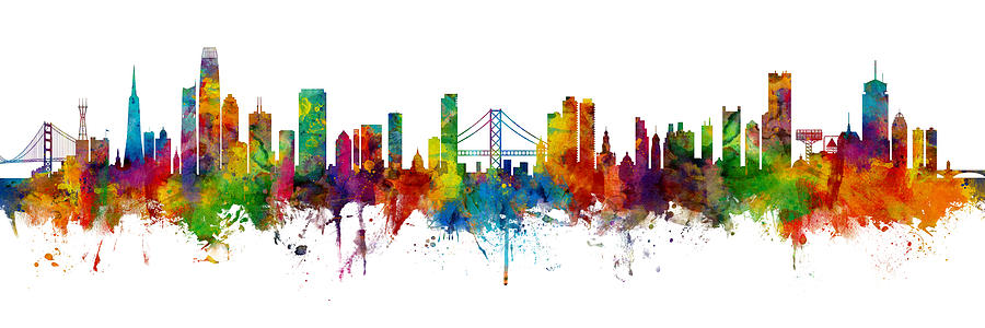 Boston Digital Art - San Francisco and Boston Skylines Mashup by Michael Tompsett