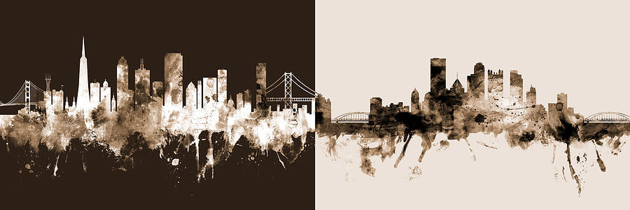 San Francisco and Pittsburgh Skylines Mashup Duotone Digital Art by Michael Tompsett