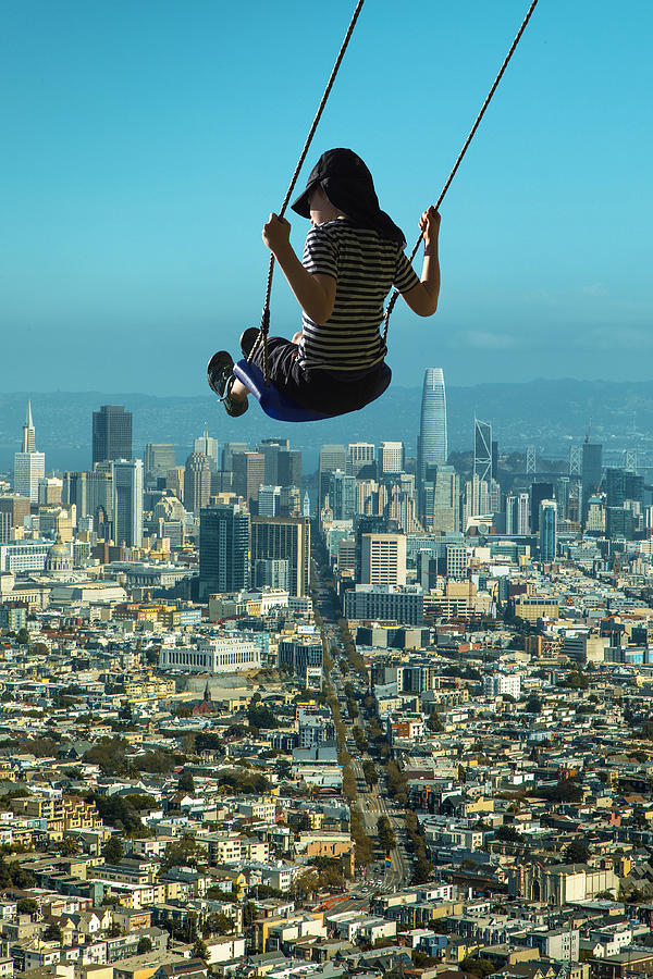 Aerial View Of San Francisco Bay Area And Girl On A Swing Surreal Digital Art