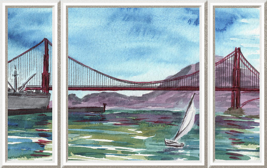 Impressionism Painting - San Francisco Bay Golden Gate Bridge Beach House Window View Watercolor by Irina Sztukowski