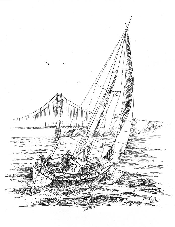 San Francisco Bay Sailing To Golden Gate Bridge In Black And White Drawing by Irina Sztukowski