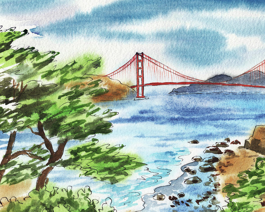 San Francisco Bay Shore View Of Golden Gate Bridge Watercolor  Painting by Irina Sztukowski