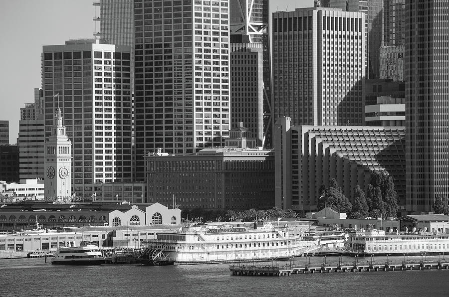 San Francisco Belle Riverboat and Ferry Building Black and White Photograph by Shawn OBrien