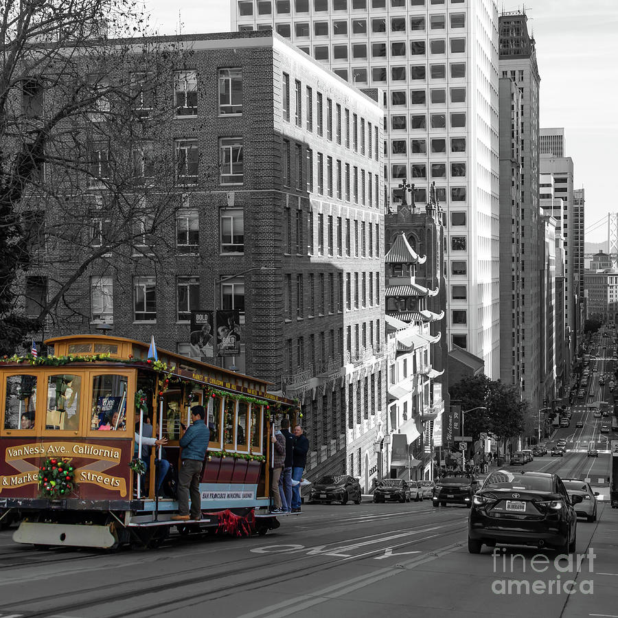 San Francisco Cable Car Climbing The Hills of California Street R1683 bwc square Photograph by Wingsdomain Art and Photography