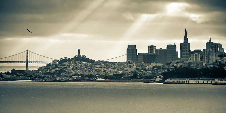 San Francisco California and Oakland Bay Bridge Panorama in Sepia Photograph by Gregory Ballos