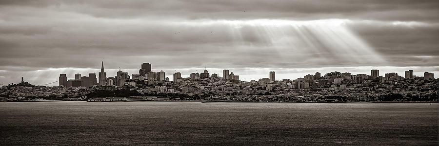 San Francisco California Rays Of Light - Sepia Panorama Photograph by Gregory Ballos