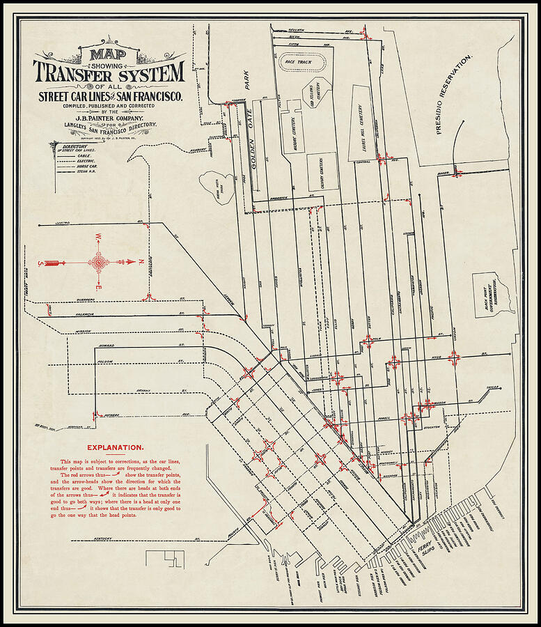 San Francisco Photograph - San Francisco California Street Car Lines Vintage Map 1895 by Carol Japp
