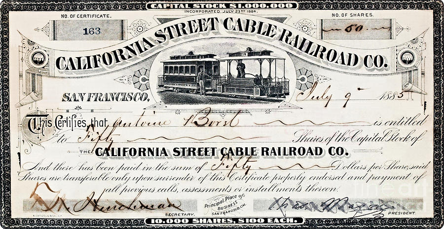 San Francisco California Street Railroad Company Stock Certificate 1885 Drawing by Peter Ogden