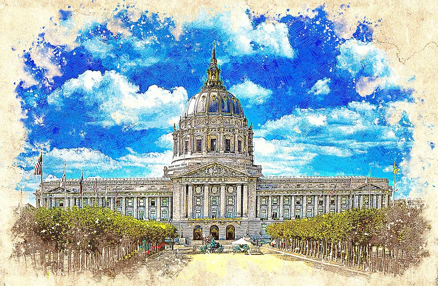 San Francisco City Hall - colored drawing Digital Art by Nicko Prints