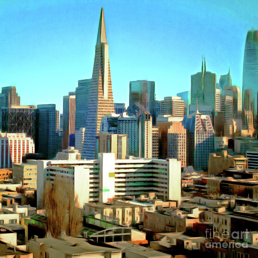 San Francisco Downtown Financial District Cityscape Panorama With Bay Bridge R1814 Painterly Square Photograph by Wingsdomain Art and Photography