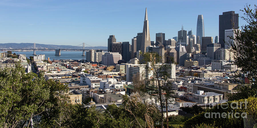San Francisco Photograph - San Francisco Downtown Financial District Cityscape Panorama With Bay Bridge R1816 long by San Francisco