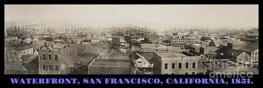 San Francisco Foggy Waterfront Panorama with Sailing Ships circa 1851 with Some Landmarks Identified Photograph by Peter Ogden