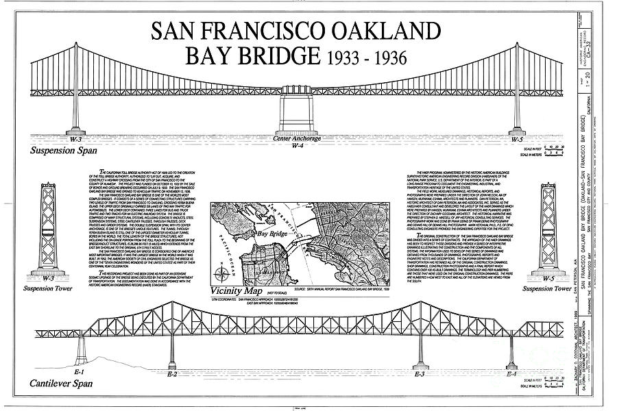 San Francisco Oakland Bay Bridge Architect Engineering Scale Drawing 1999 National Park Service Drawing by Peter Ogden