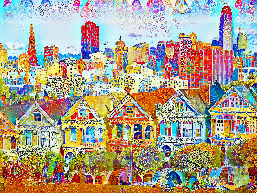 San Francisco Painted Ladies of Alamo Square in Contemporary Whimsical Motif 20210207 Photograph by Wingsdomain Art and Photography