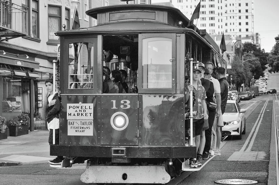 San Francisco Powell and Market Cable Car Filled with Tourists Black and White Photograph by Shawn OBrien