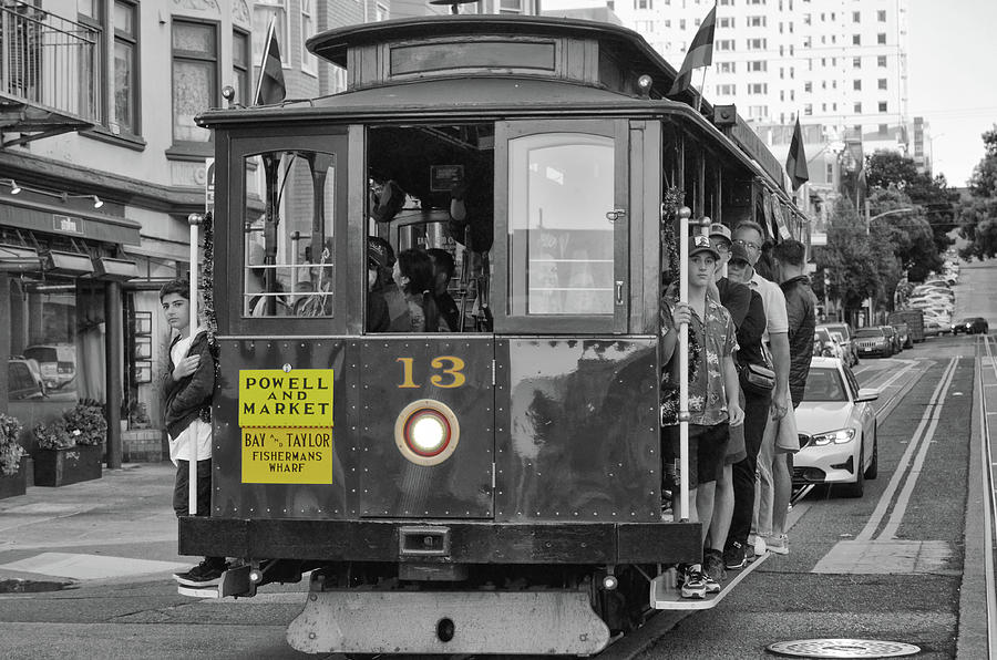 San Francisco Powell and Market Cable Car Filled with Tourists Color Splash Black and White Photograph by Shawn OBrien