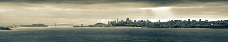 San Francisco Skyline and Bay Bridge Sepia Panorama Photograph by Gregory Ballos