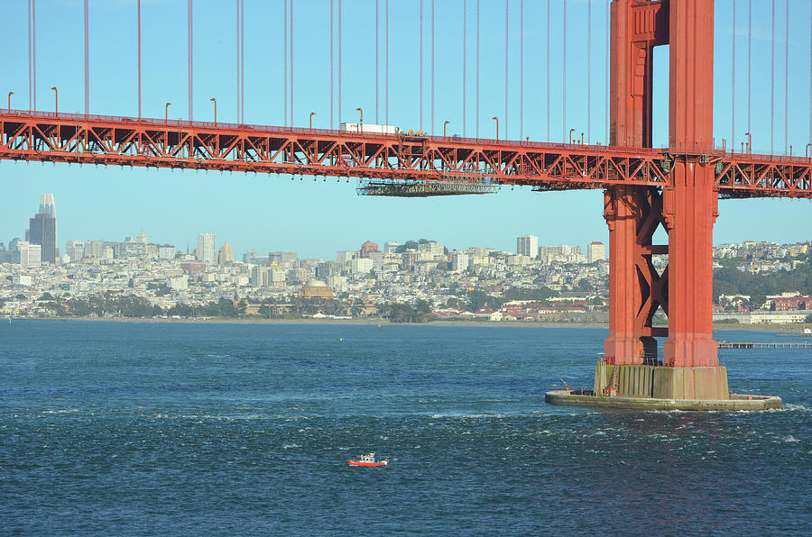San Francisco Skyline and Boat under the Golden Gate Bridge Photograph by Shawn OBrien