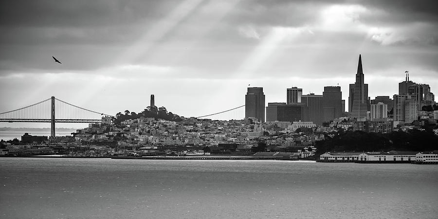 San Francisco Skyline and Oakland Bay Bridge Panorama - Black and White Photograph by Gregory Ballos