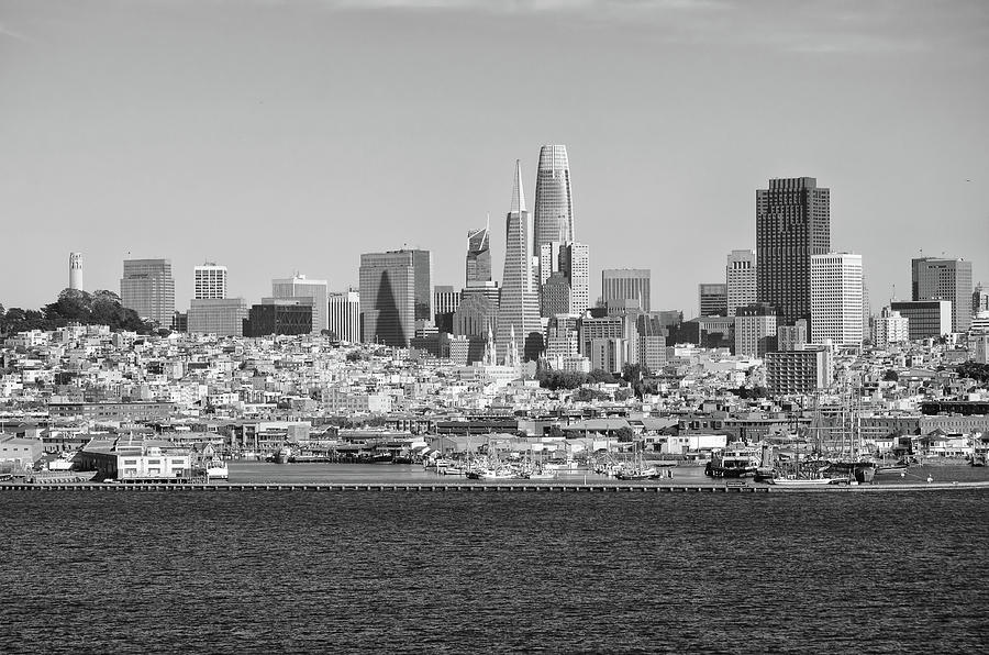 San Francisco Skyline View over Fishermans Wharf at Golden Hour Black and White Photograph by Shawn OBrien