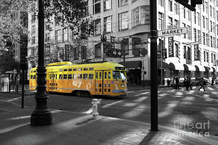 San Francisco Vintage Streetcar on Market Street - 5D19798 - Black and White and Yellow Photograph by Wingsdomain Art and Photography