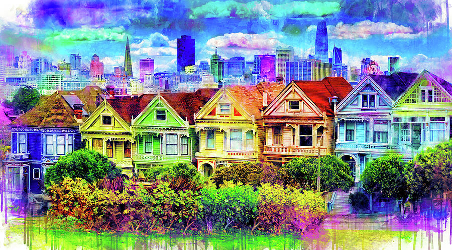 San Franciscos Painted Ladies at Alamo Square - colorful ink and watercolor painting Digital Art by Nicko Prints