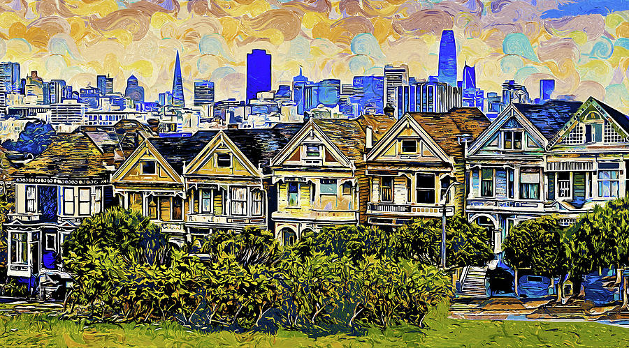 San Franciscos Painted Ladies at Alamo Square - post impressionist painting Digital Art by Nicko Prints