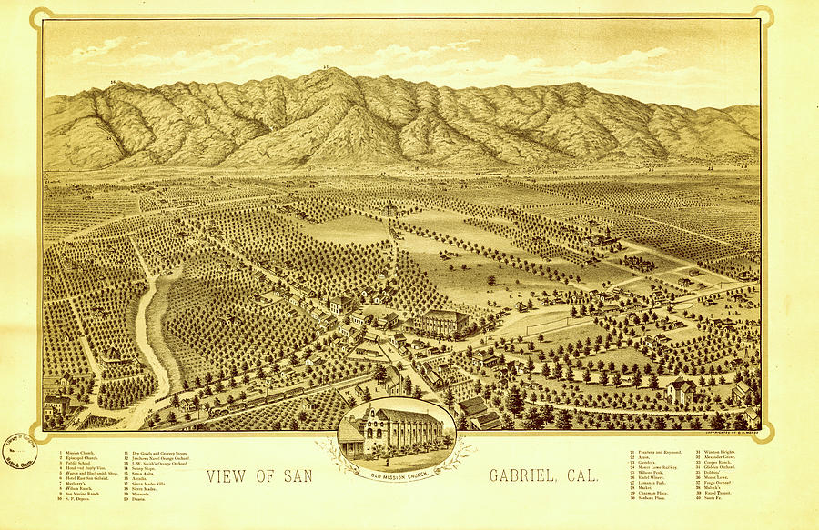 San Gabriel California Vintage Map Drawing by Joseph S Giacalone