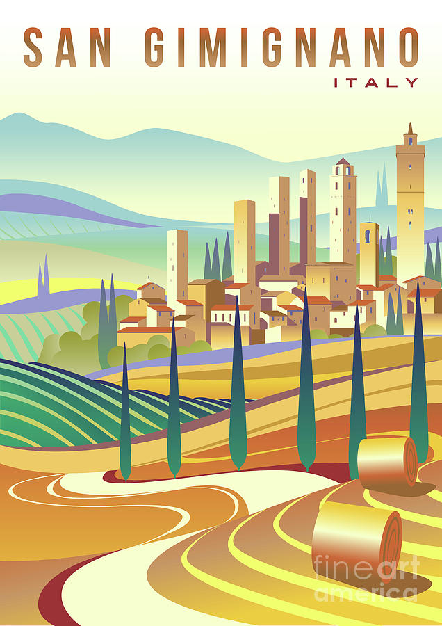 San Gimignano Rural Landscape Art Deco Travel Digital Poster ISO Italy Tuscany Poster