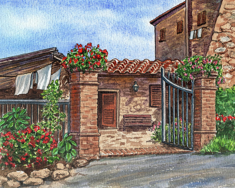 San Gimignano Small Italian Town Sweet Country Tuscany Watercolor Painting