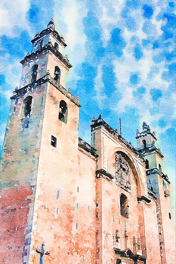 San Ildefonso Cathedral Merida Watercolor  Digital Art by Tatiana Travelways