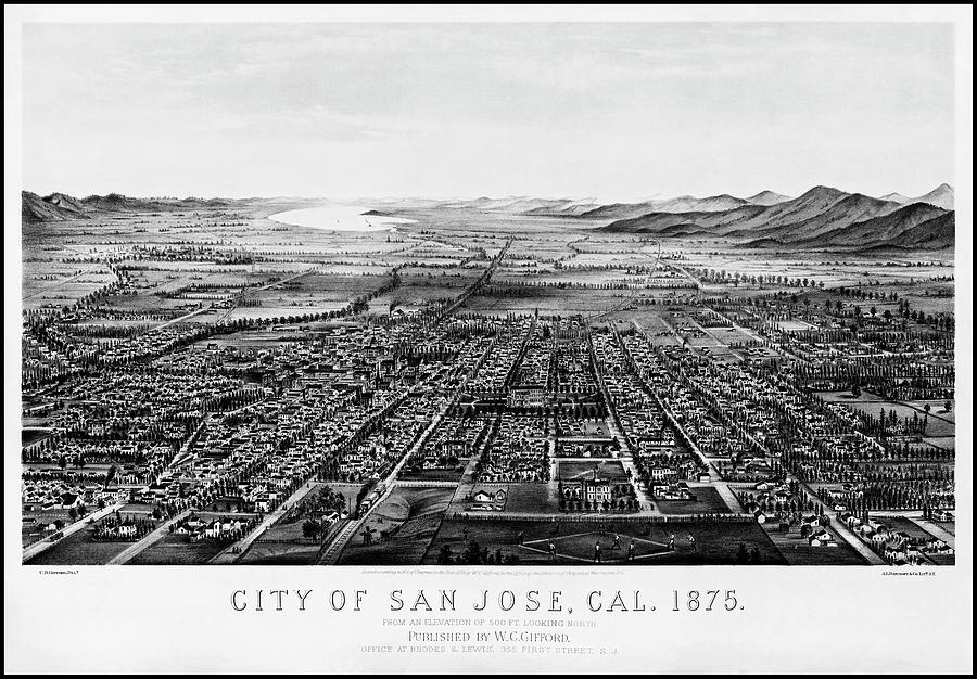 San Jose Photograph - San Jose California Antique Map Birds Eye View 1875 Black and White by Carol Japp