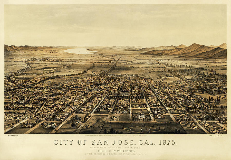 San Jose Photograph - San Jose California Antique Map Birds Eye View 1875 by Carol Japp