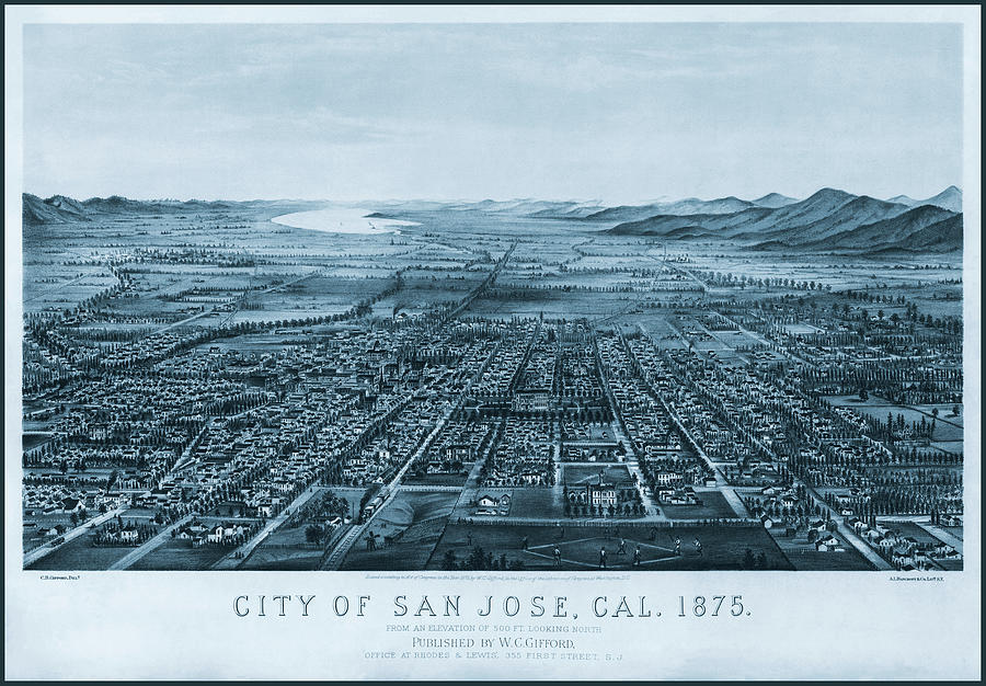 San Jose Photograph - San Jose California Antique Map Birds Eye View 1875 Cool Blue  by Carol Japp