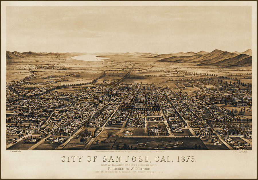San Jose Photograph - San Jose California Antique Map Birds Eye View 1875 Sepia  by Carol Japp