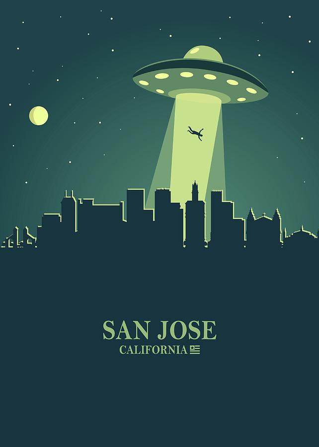 San Jose City Skyline Ufo Night Digital Art