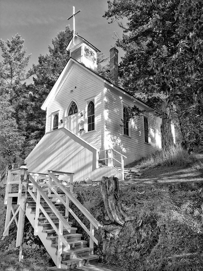 San Juan Island Chapel bw Photograph by Jerry Abbott