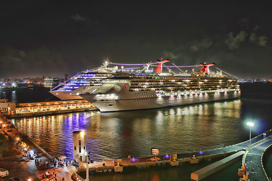 San Juan Lights up with two Carnival Ships Mixed Media by Pheasant Run Gallery