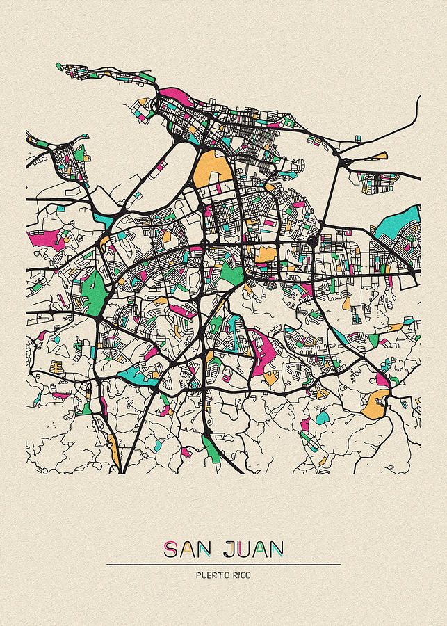 San Juan, Puerto Rico City Map Drawing by Inspirowl Design