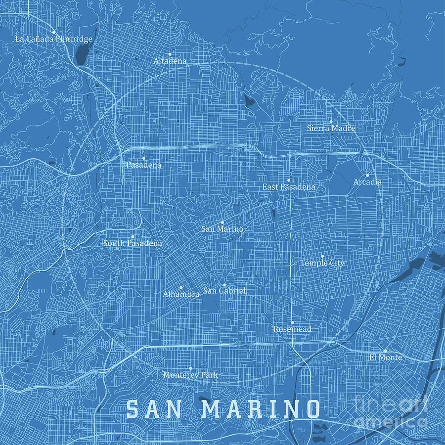 Pasadena Digital Art - San Marino CA City Vector Road Map Blue Text by Frank Ramspott