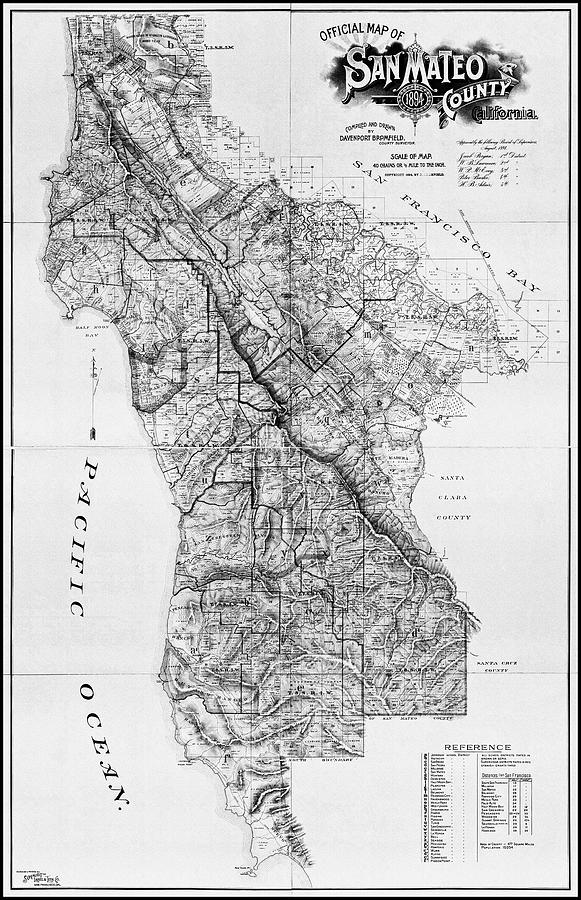 San Mateo County California Vintage Map 1894 Black and White  Photograph by Carol Japp