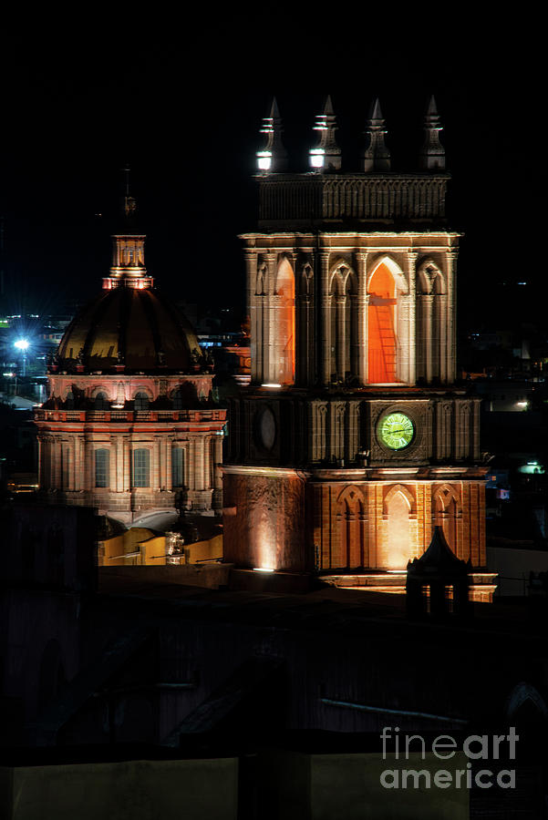 San Miguel de Allende San Rafael Church Bell Tower and Dome at Night Photograph by Bob Phillips