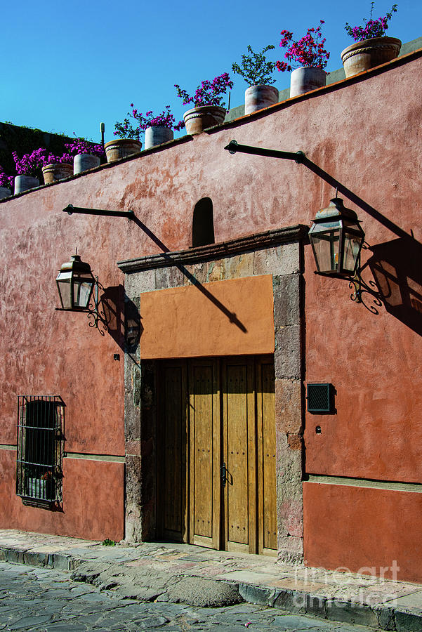 San Miguel de Allende Window and Door - Lanterns and Pots Photograph by Bob Phillips