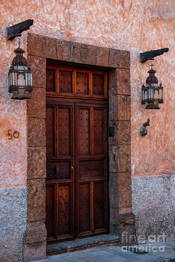 San Miguel de Allende Wooden Door and Night Lamps Photograph by Bob Phillips