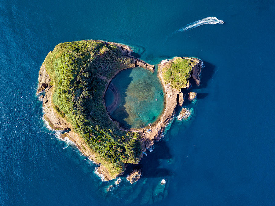 San Miguel island, Azores, Portugal. Top view of Islet of Vila Franca do Campo.  Azores aerial panoramic view. Crater of an old underwater volcano. Bird eye view. Photograph by ARoxo