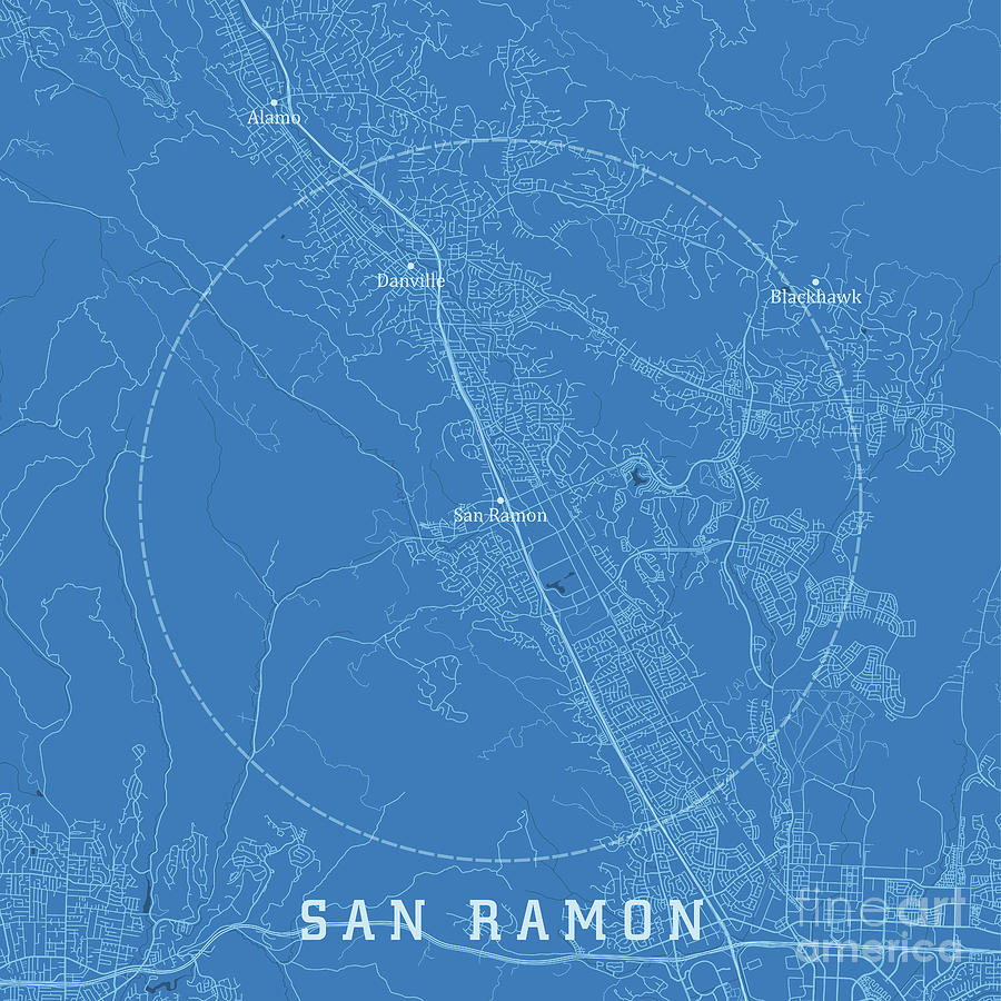 San Ramon CA City Vector Road Map Blue Text Digital Art by Frank ...