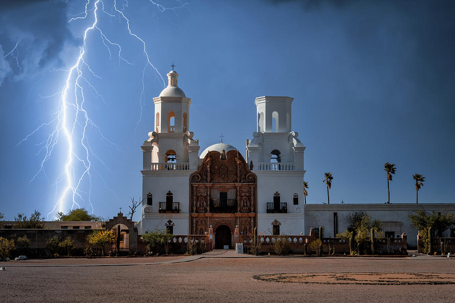 San Xavier del Bac Mission with lightning Photograph by David C Vincent ...